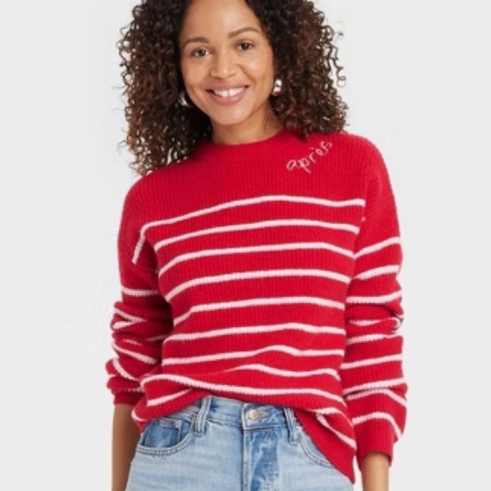 A New Day Women’s Apres Ski Sweater Red White Crewneck Pullover Winter Size M